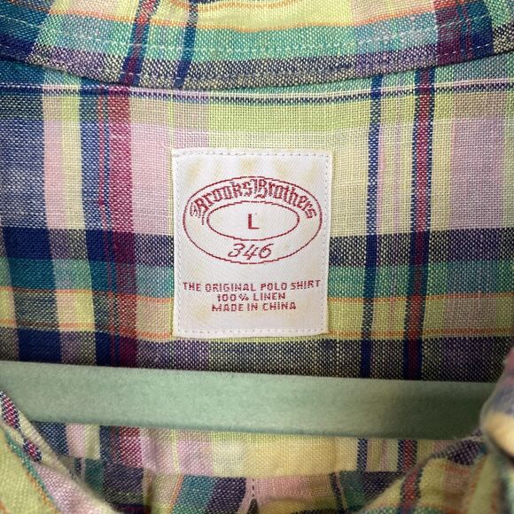 Brooks Brothers Shirt Mens Large Plaid Linen 346 Short Sleeve Button Up Summer - Picture 3 of 10